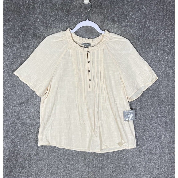 Falls Creek Short Sleeve Woven Pintuck Ruffle Pleated Top Womens Size Medium NWT - Picture 1 of 15